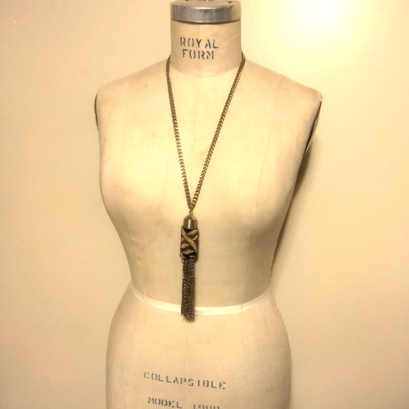 Iris Apfel & Bajalia Gold Brown Rust Metal Beaded Tassel Statement Necklace - Picture 9 of 11